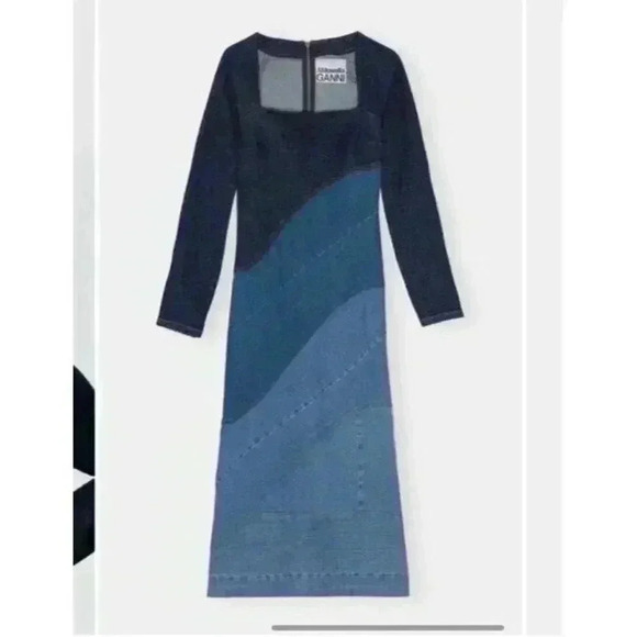 GANNI X Ahluwalia Denim Square Neck Midi Denim Wavy Dress Size 34 2 - Picture 6 of 15